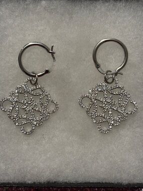 Elegant Loewe Inspired Silver & Diamond Drop Hoop Earrings